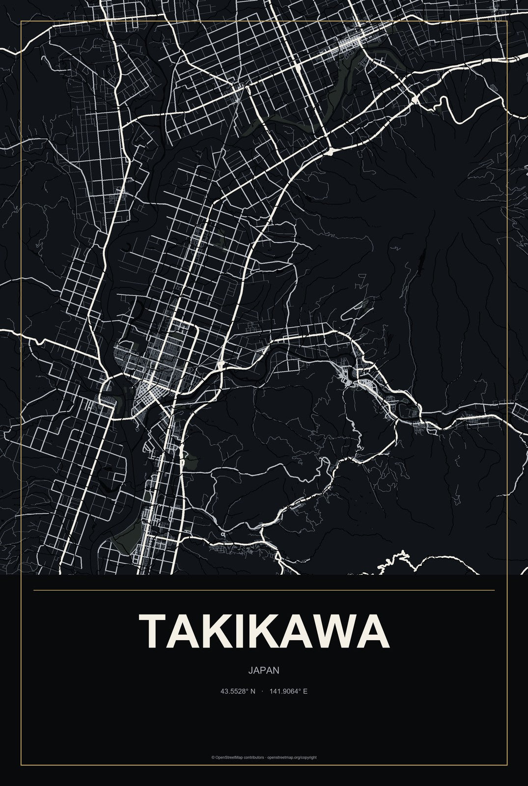 Takikawa, Japan City Map Aluminum Sign in Metropolitan Noir style