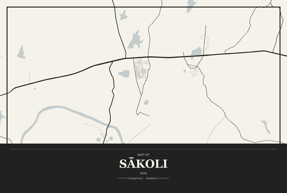 Sākoli, India City Map Aluminum Sign in Museum Plaque style