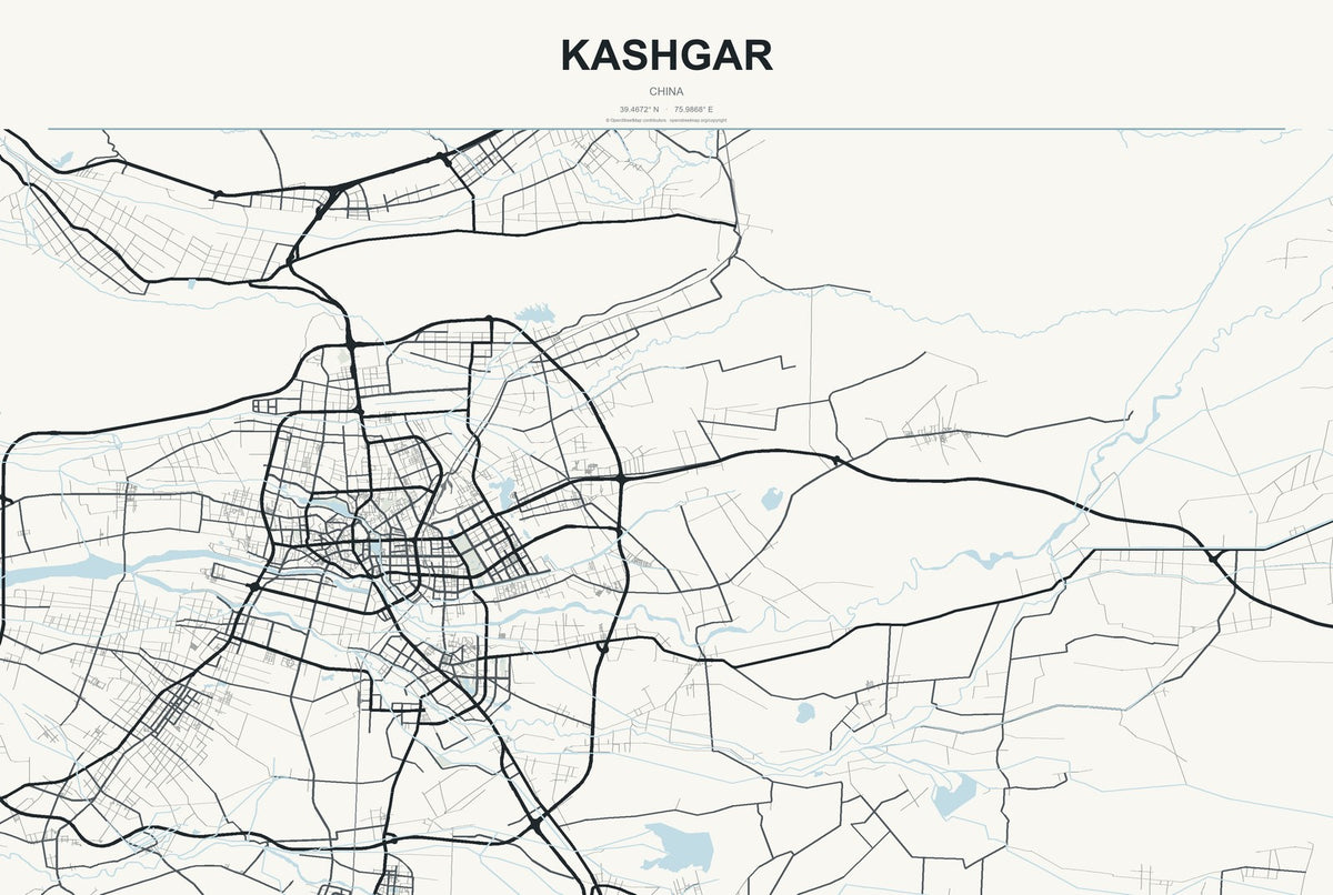 Kashgar, China City Map Aluminum Sign in Headline Atlas style