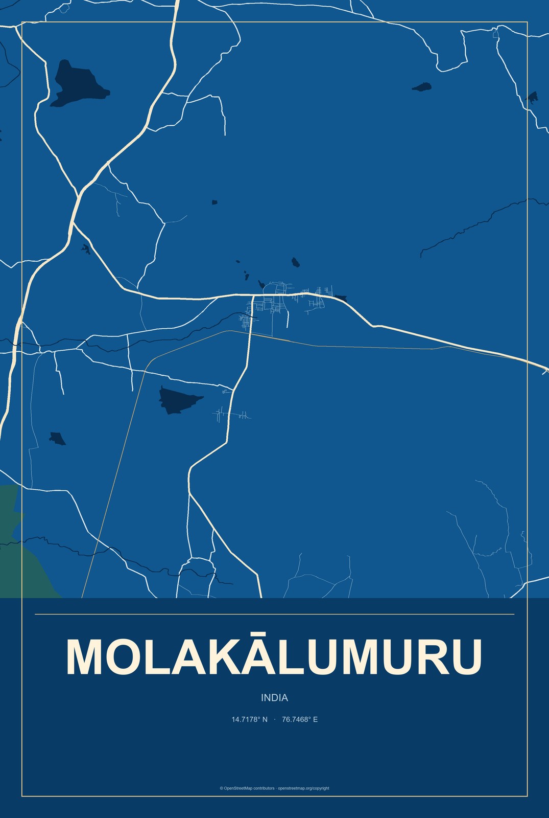 Molakālumuru, India City Map Aluminum Sign in Harbor Cobalt style