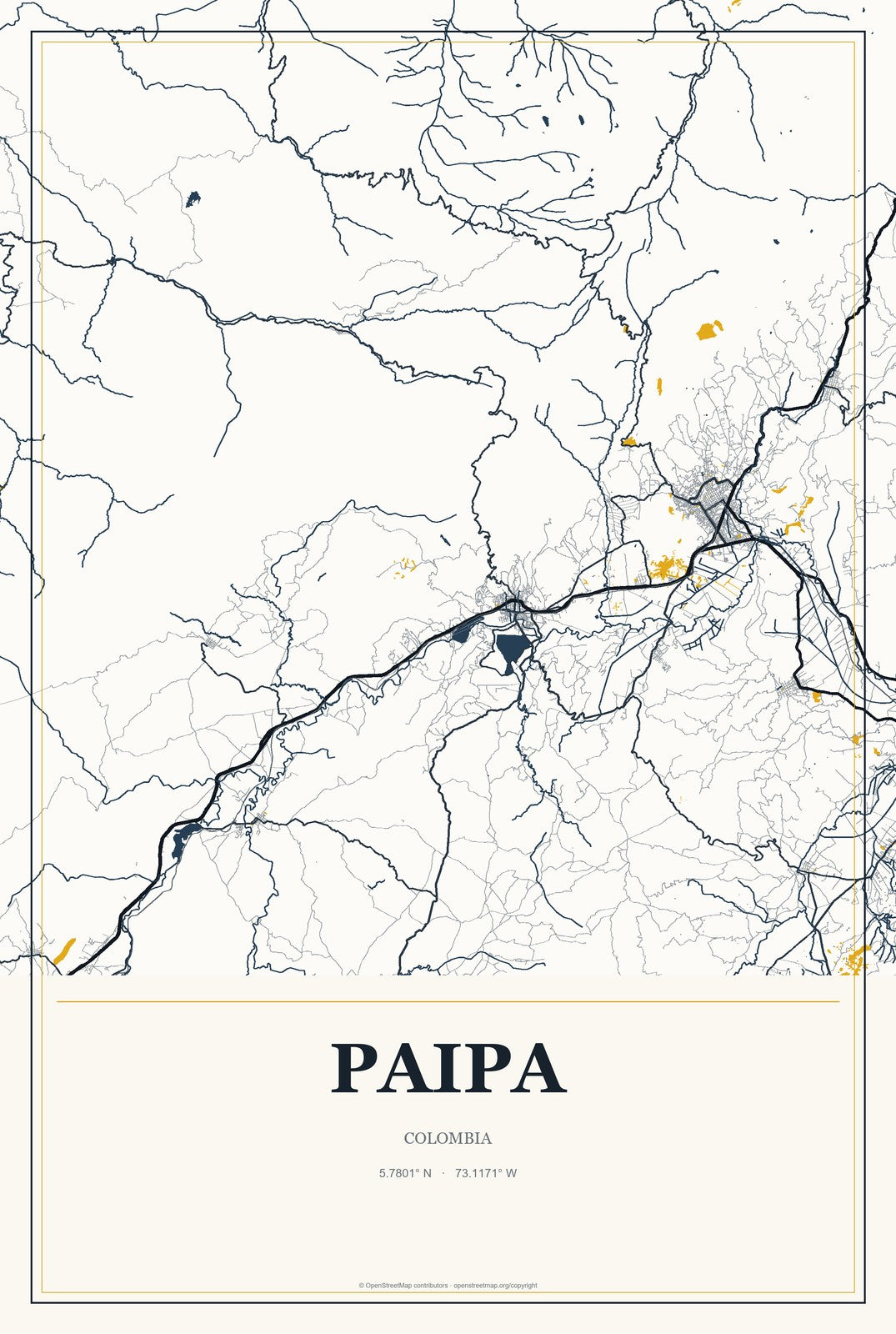 Paipa, Colombia City Map Aluminum Sign in Citrine Modern style