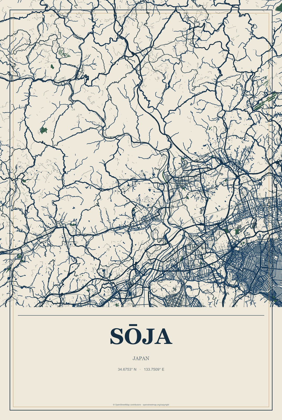 Sōja, Japan City Map Aluminum Sign in Coastal Cutout style