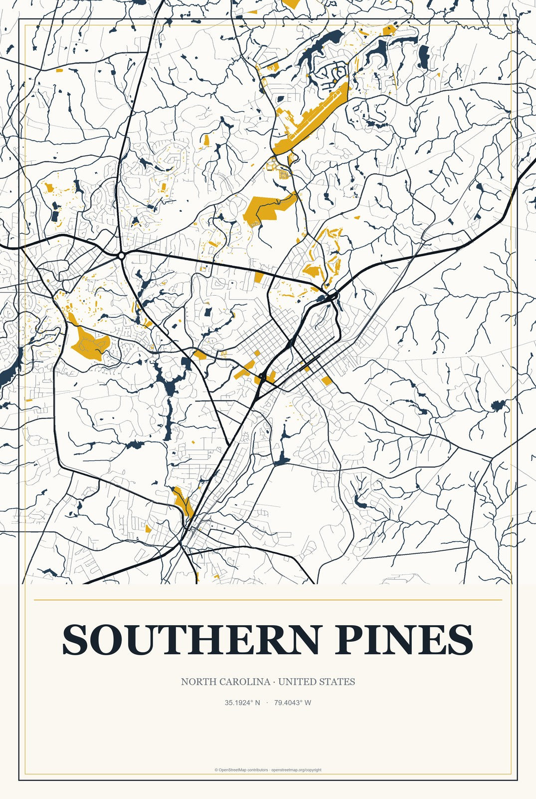 Southern Pines, North Carolina City Map Aluminum Sign in Citrine Modern style