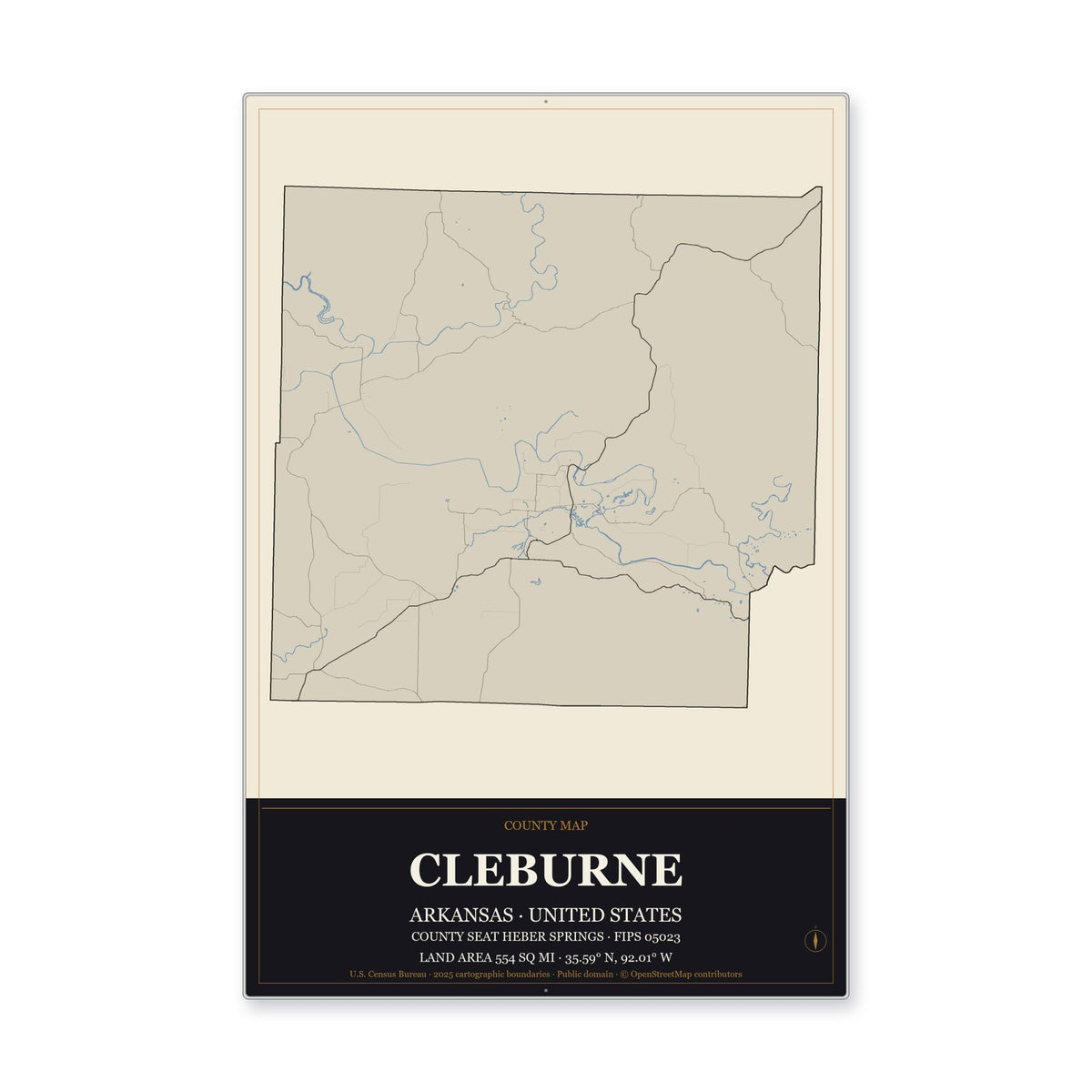 Cleburne County, Arkansas Map Aluminum Sign in Museum Plaque style