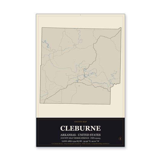 Cleburne County, Arkansas Map Aluminum Sign in Museum Plaque style