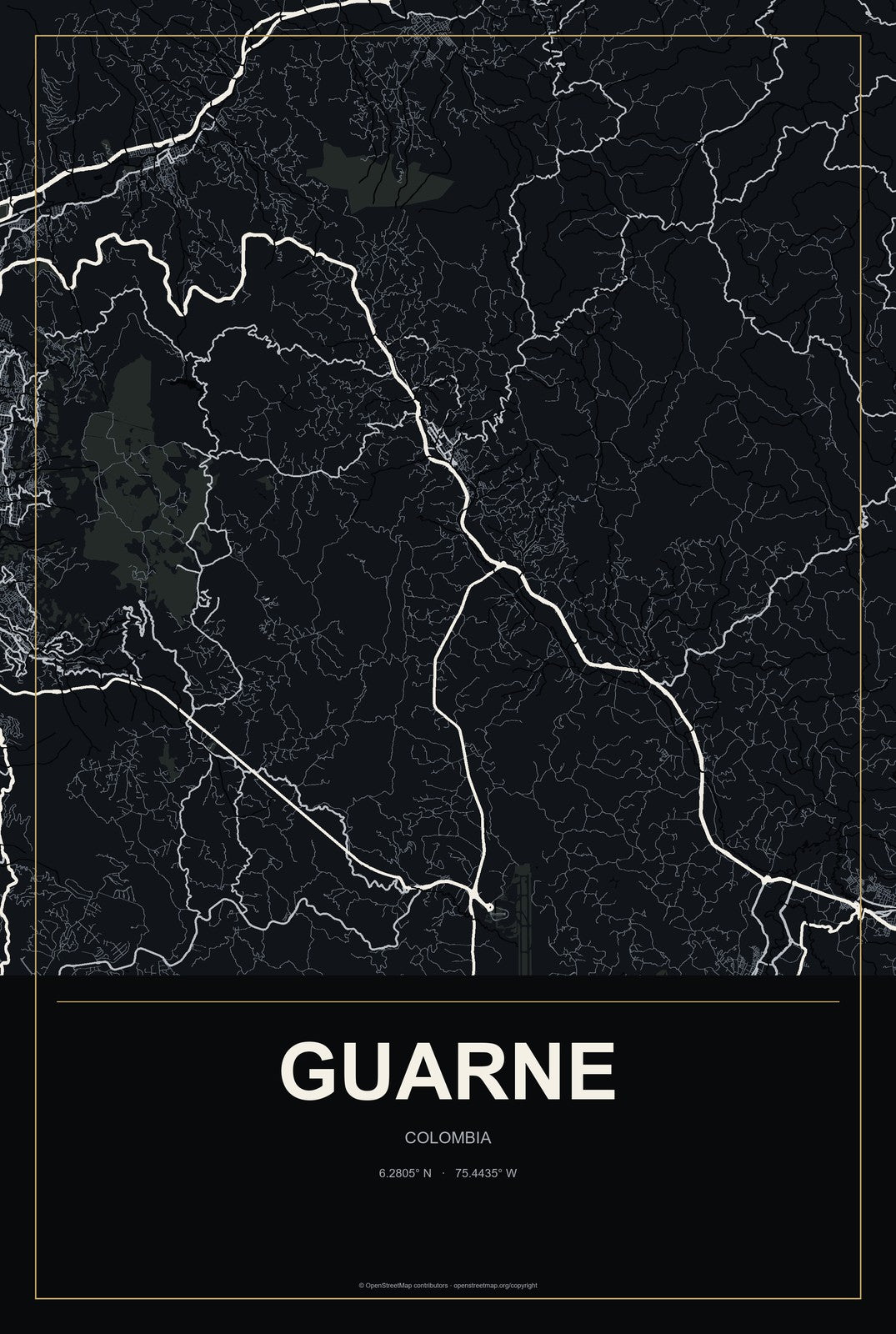 Guarne, Colombia City Map Aluminum Sign in Metropolitan Noir style