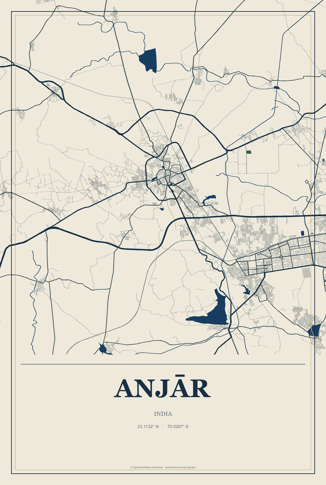 Anjār, India City Map Aluminum Sign in Coastal Cutout style