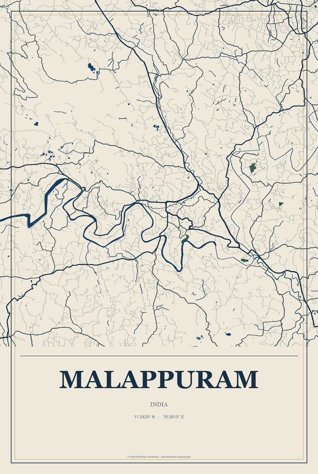 Malappuram, India City Map Aluminum Sign in Coastal Cutout style
