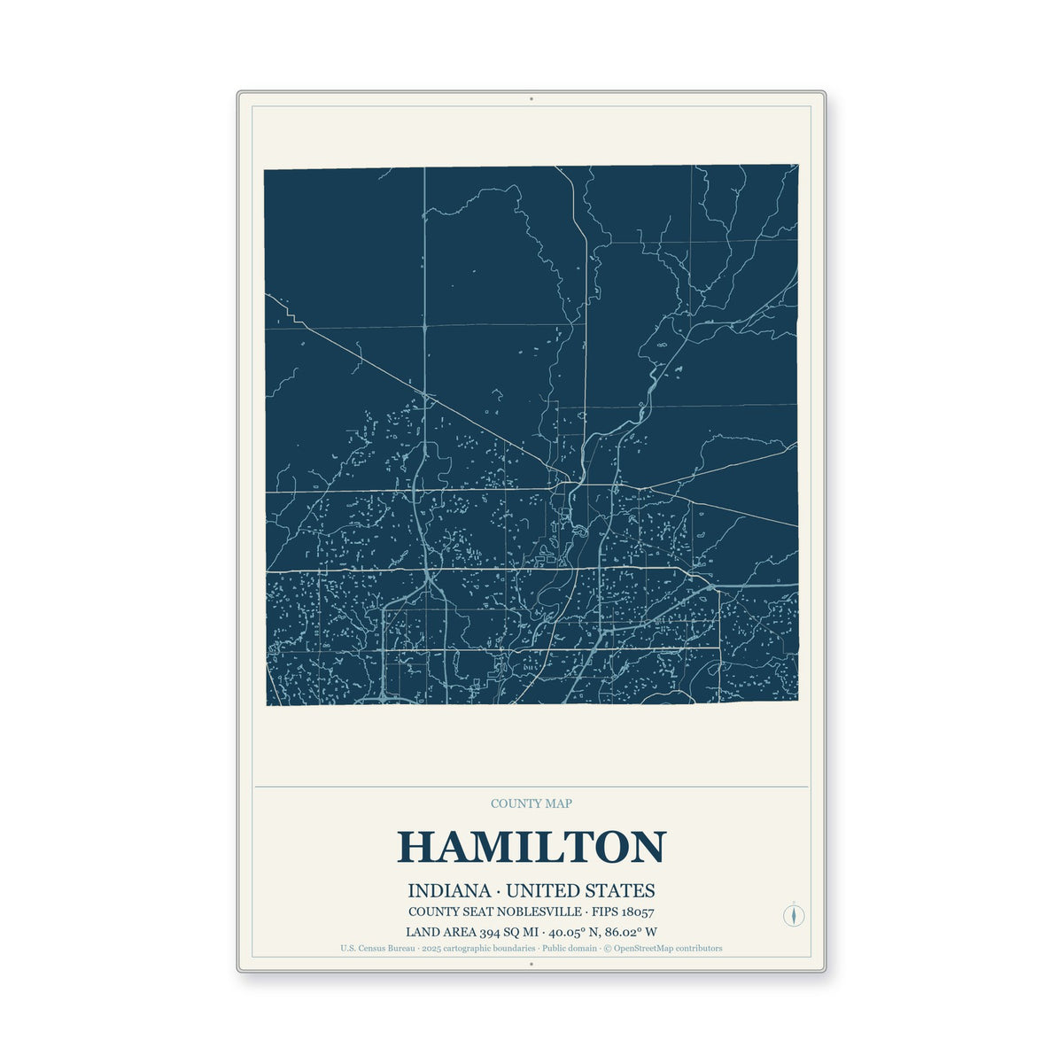 Hamilton County, Indiana Map Aluminum Sign in Coastal Cutout style