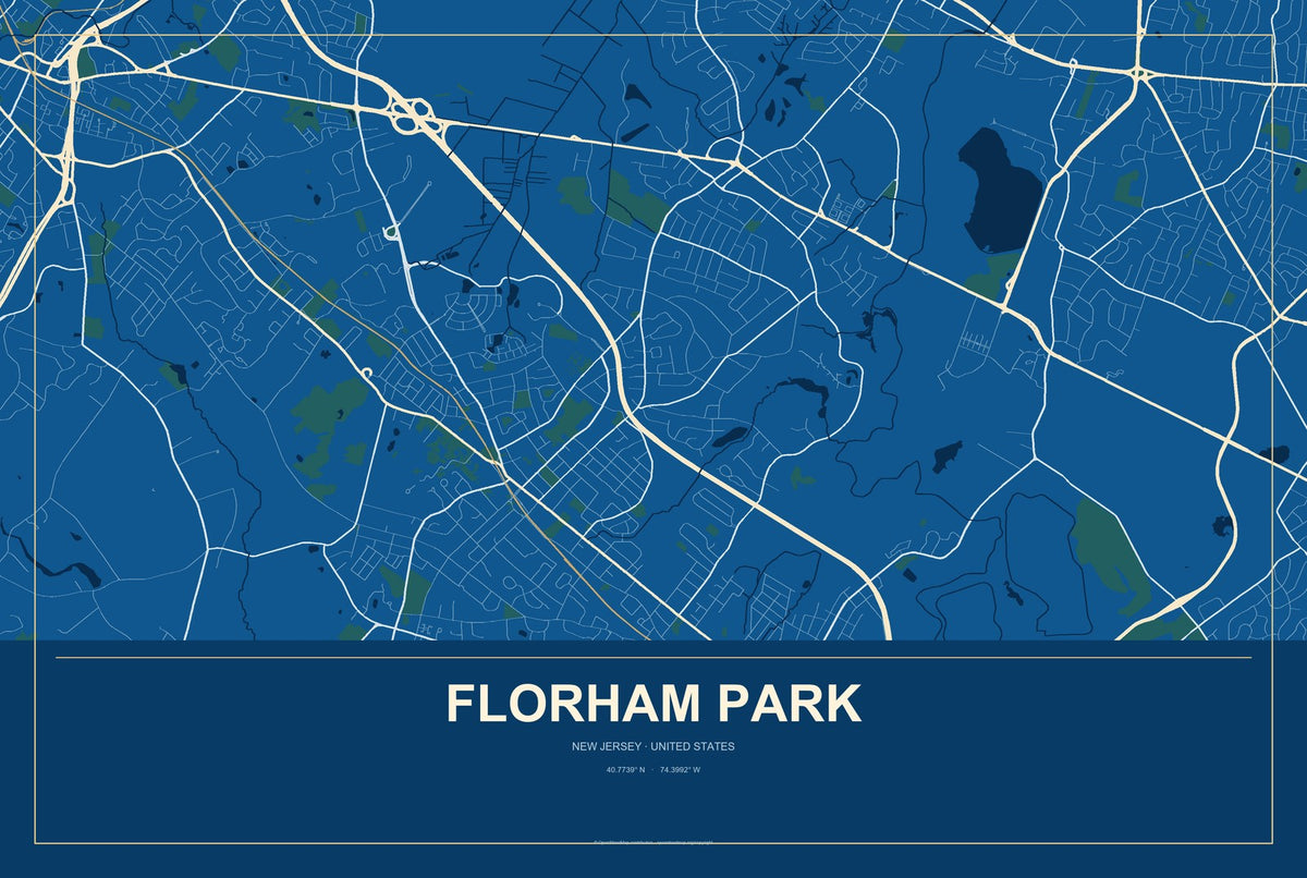 Florham Park, New Jersey City Map Aluminum Sign in Harbor Cobalt style