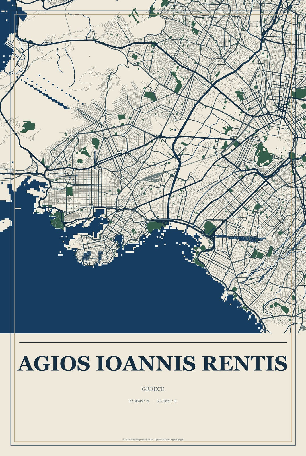 Agios Ioannis Rentis, Greece City Map Aluminum Sign in Coastal Cutout style