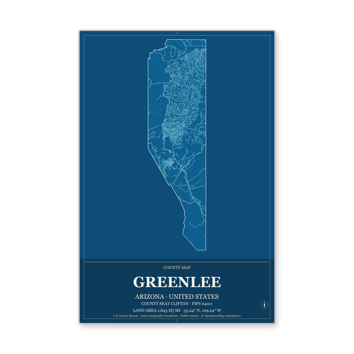 Greenlee County, Arizona Map Aluminum Sign in Harbor Cobalt style