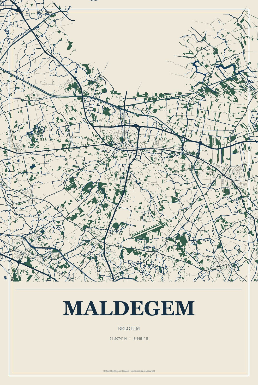 Maldegem, Belgium City Map Aluminum Sign in Coastal Cutout style
