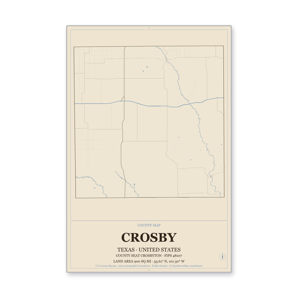 Crosby County, Texas Map Aluminum Sign in Heritage Nautical style