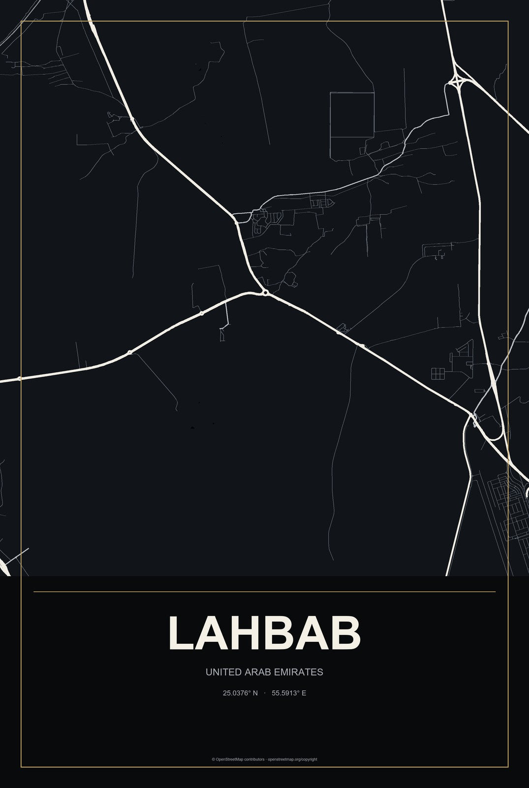 Lahbab, United Arab Emirates City Map Aluminum Sign in Metropolitan Noir style