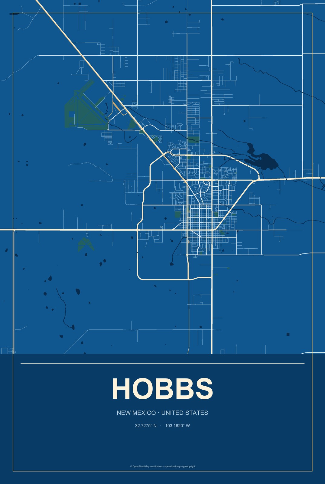 Hobbs, New Mexico City Map Aluminum Sign in Harbor Cobalt style