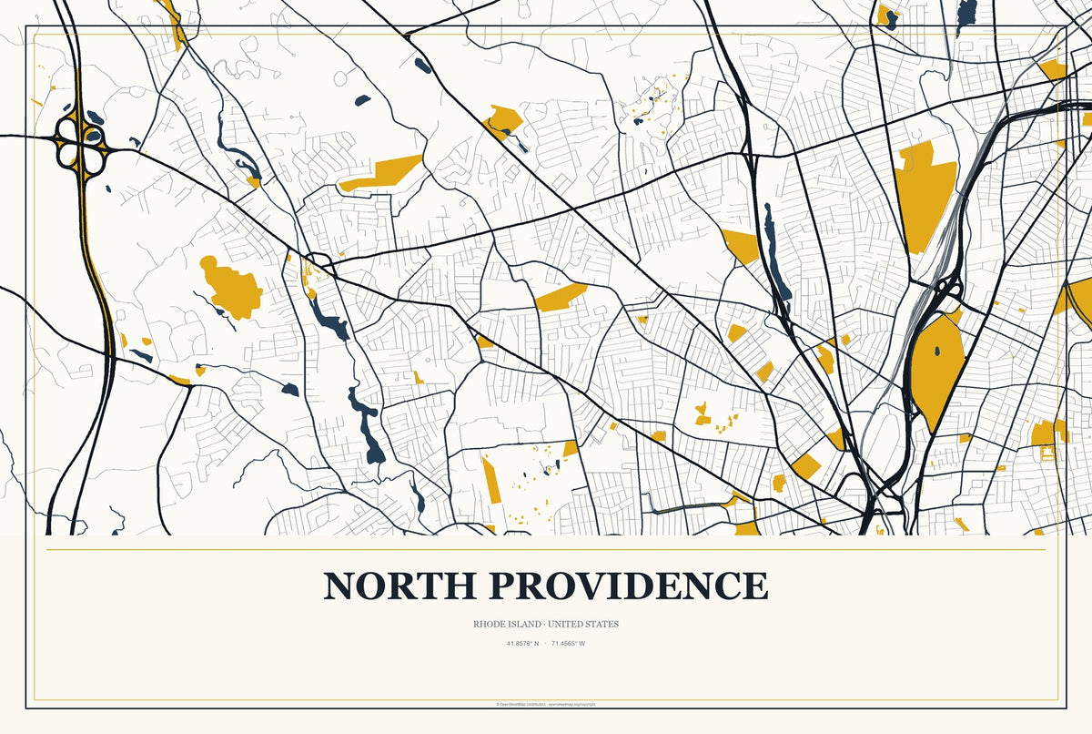 North Providence, Rhode Island City Map Aluminum Sign in Citrine Modern style