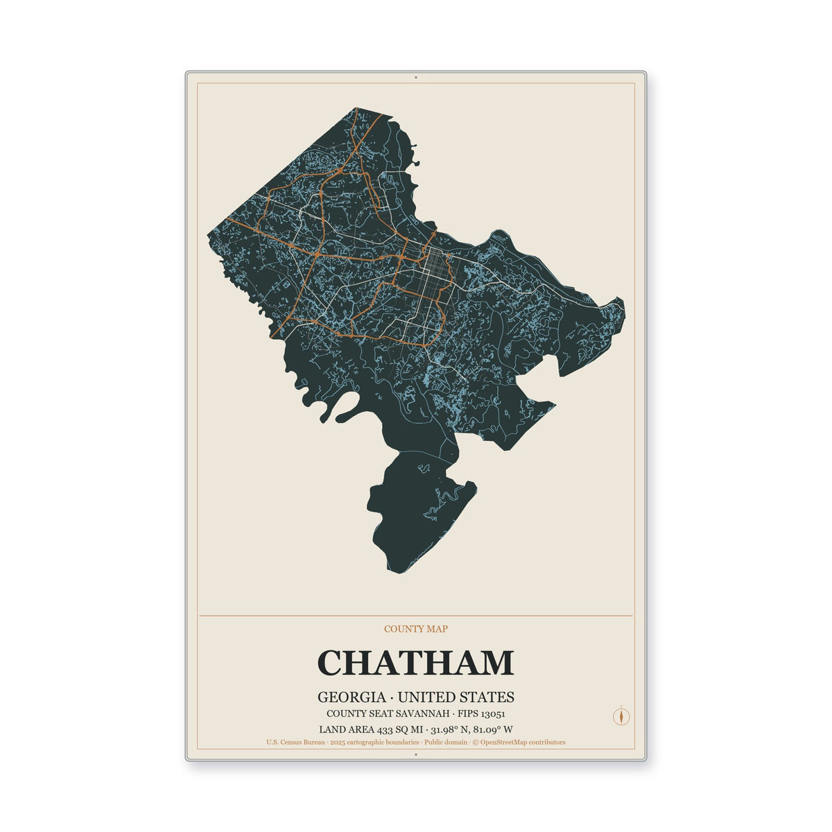 Chatham County, Georgia Map Aluminum Sign in Headline Atlas style
