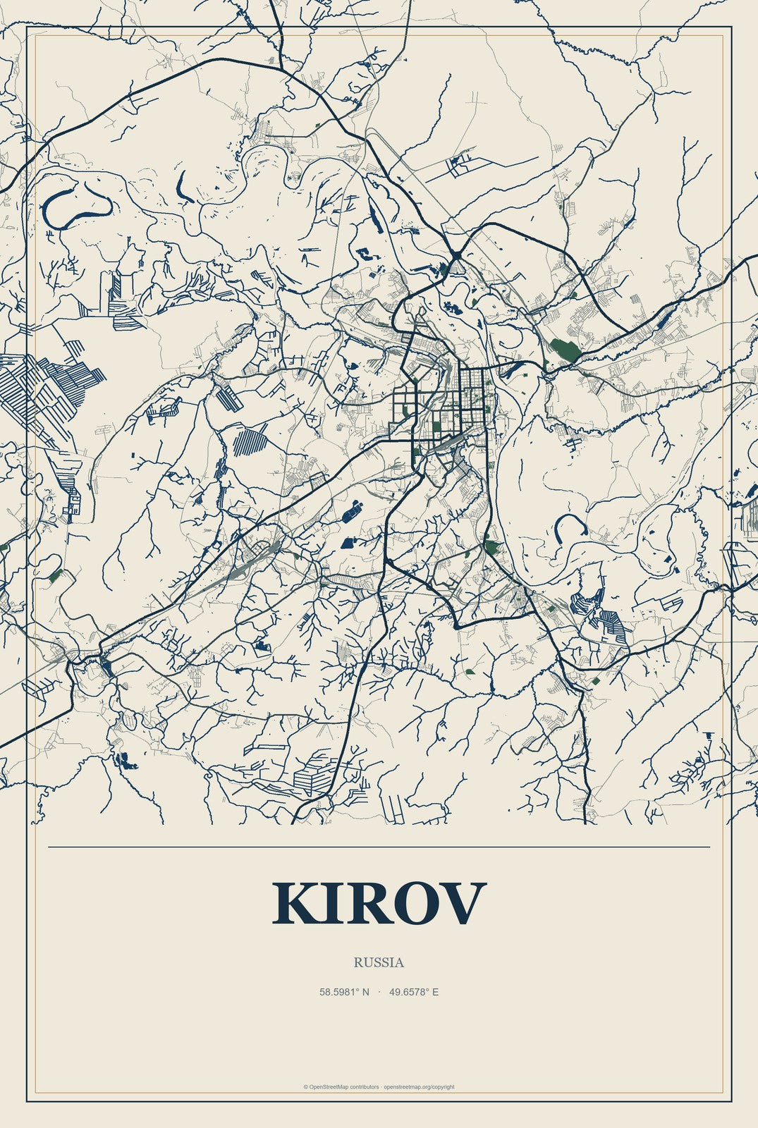 Kirov, Kaluga Oblast, Russia City Map Aluminum Sign in Coastal Cutout style