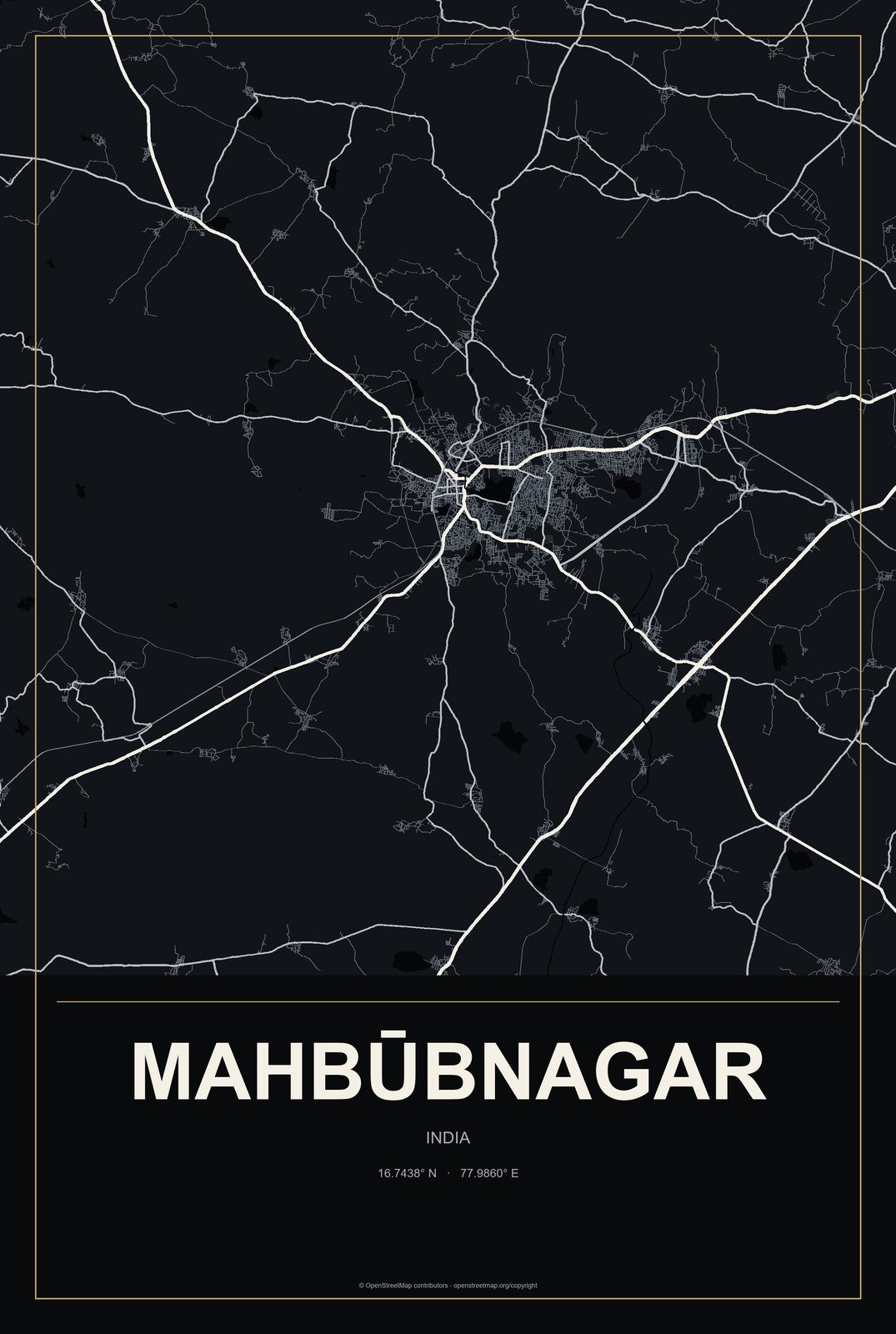 Mahbūbnagar, India City Map Aluminum Sign in Metropolitan Noir style