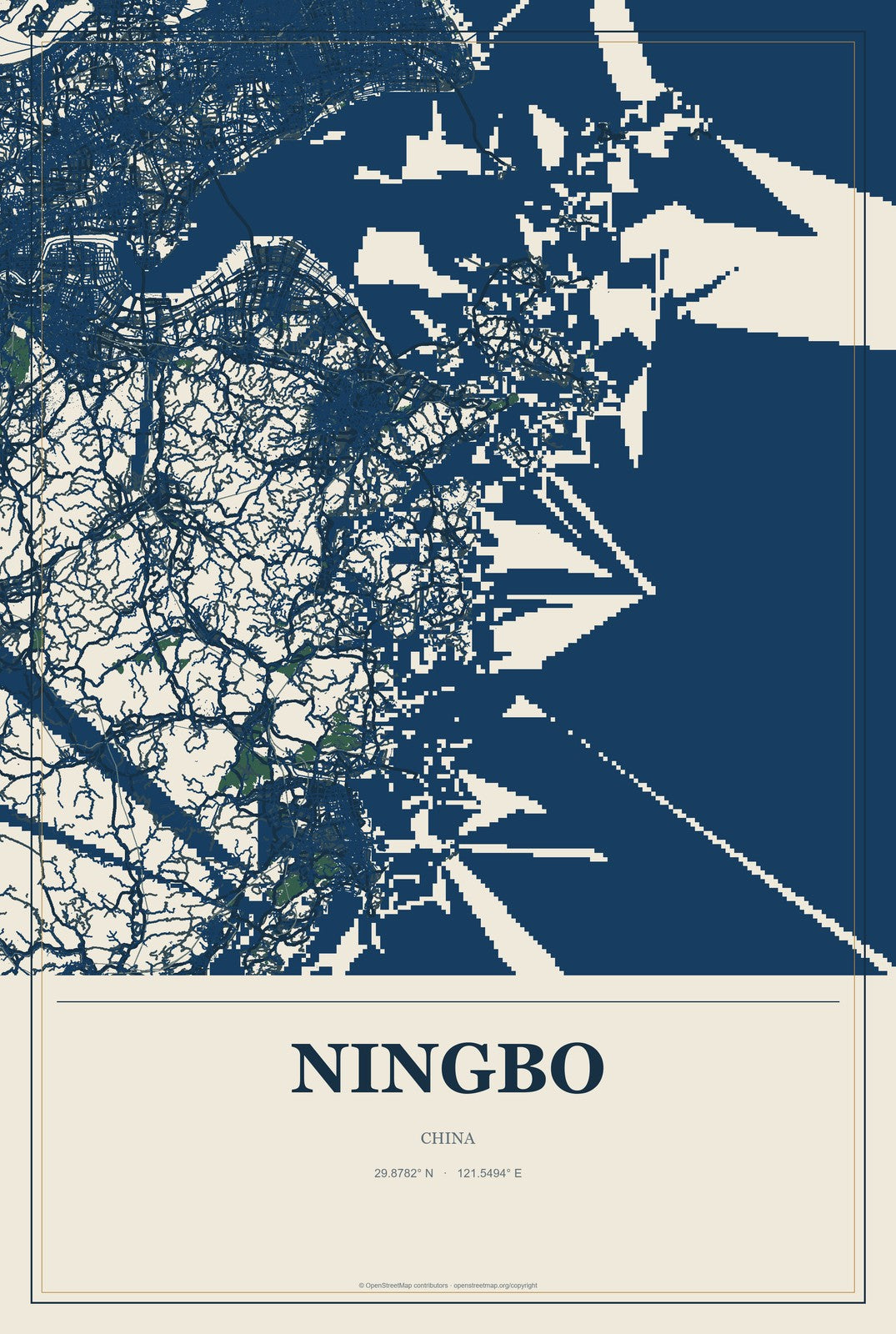 Ningbo, China City Map Aluminum Sign in Coastal Cutout style