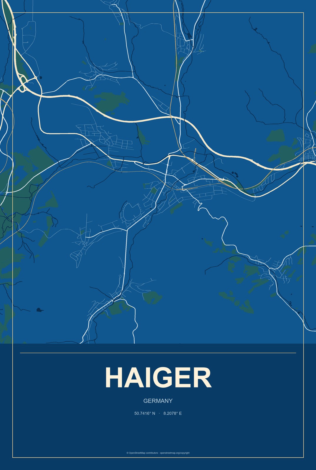 Haiger, Germany City Map Aluminum Sign in Harbor Cobalt style