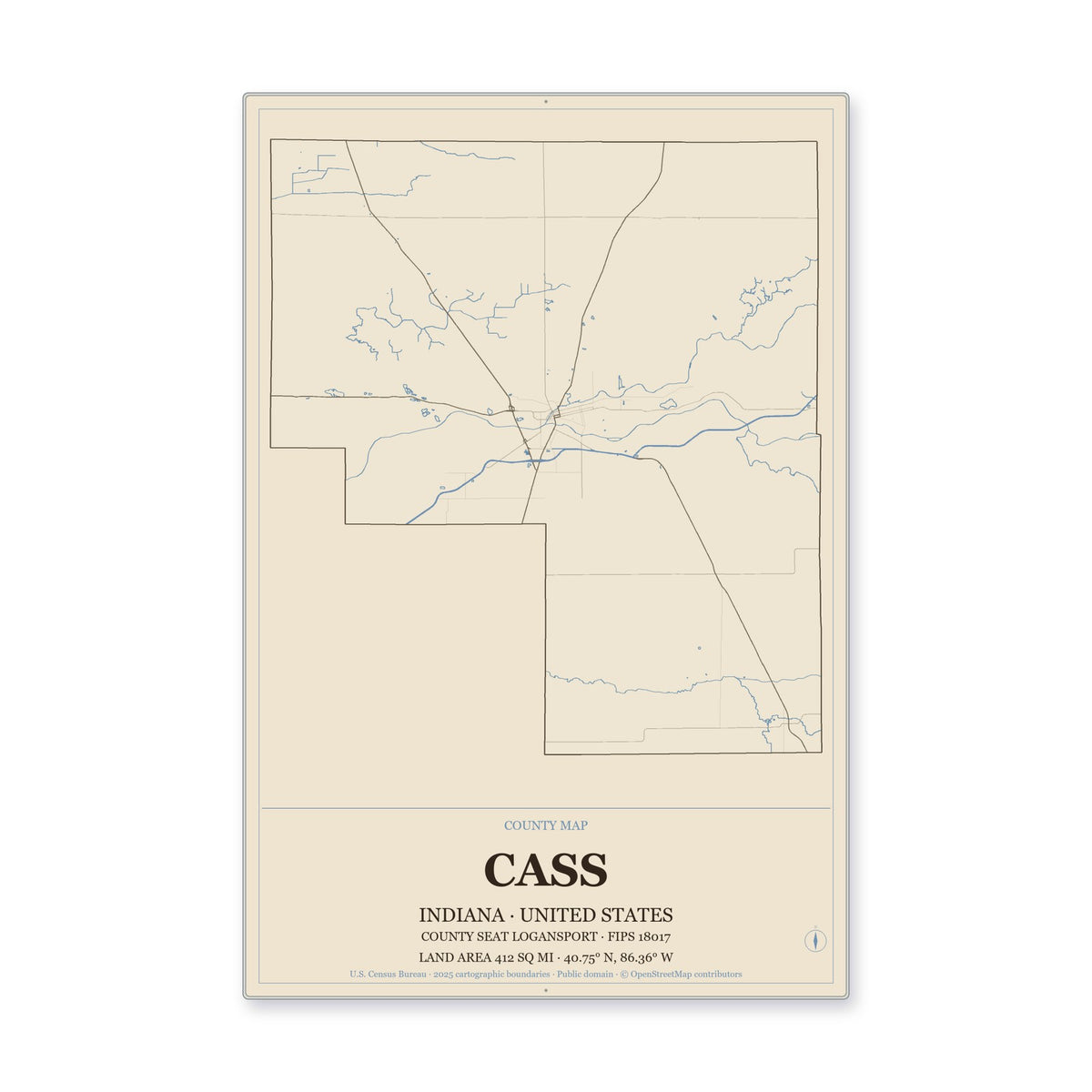 Cass County, Indiana Map Aluminum Sign in Heritage Nautical style