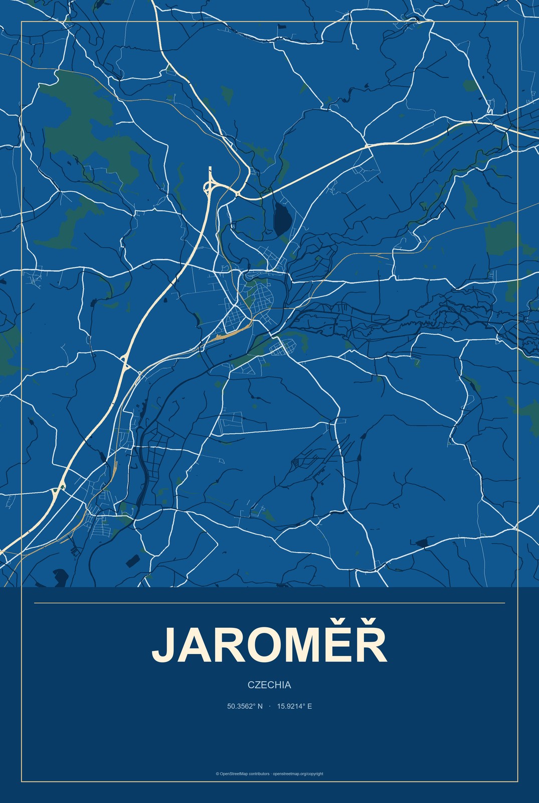 Jaroměř, Czechia City Map Aluminum Sign in Harbor Cobalt style