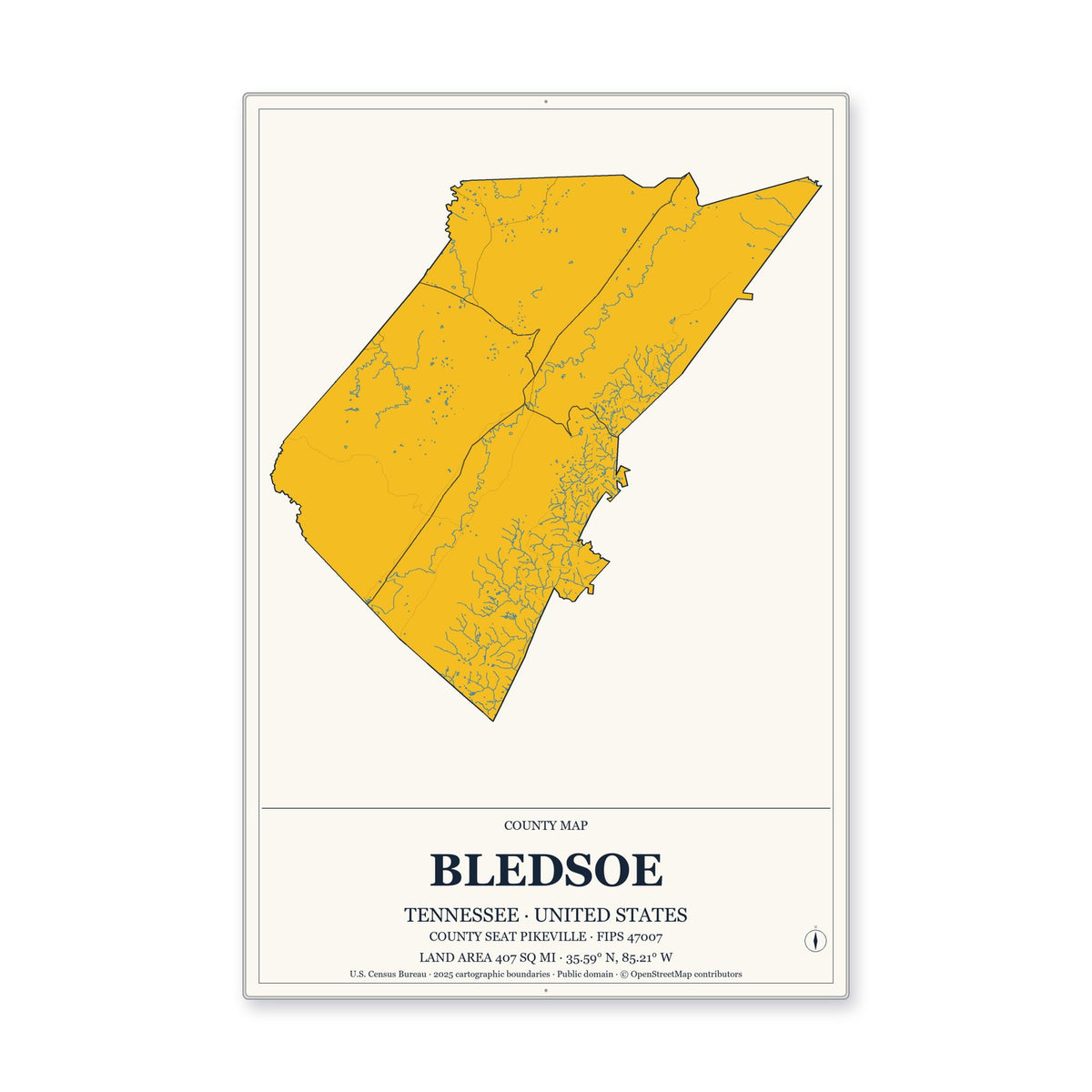 Bledsoe County, Tennessee Map Aluminum Sign in Citrine Modern style