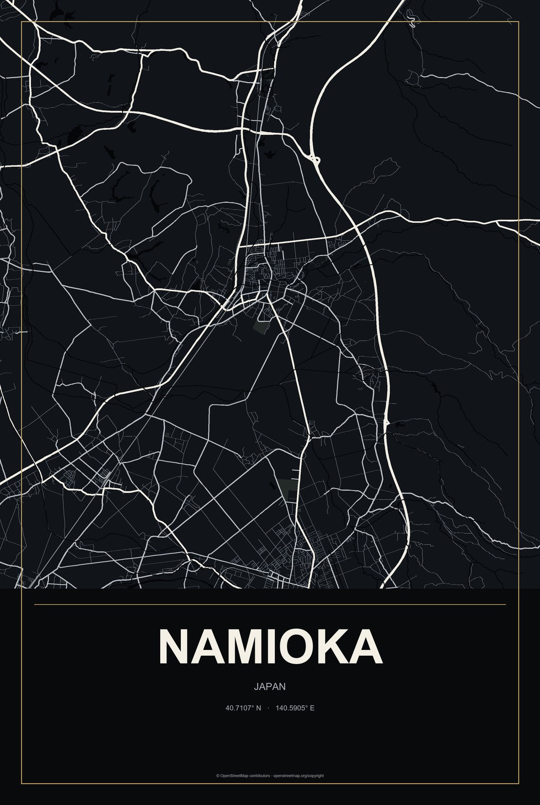 Namioka, Japan City Map Aluminum Sign in Metropolitan Noir style