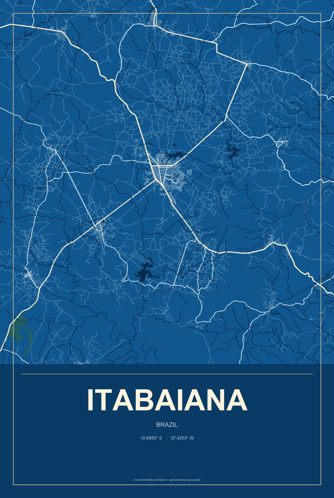 Itabaiana, Paraíba, Brazil City Map Aluminum Sign in Harbor Cobalt style