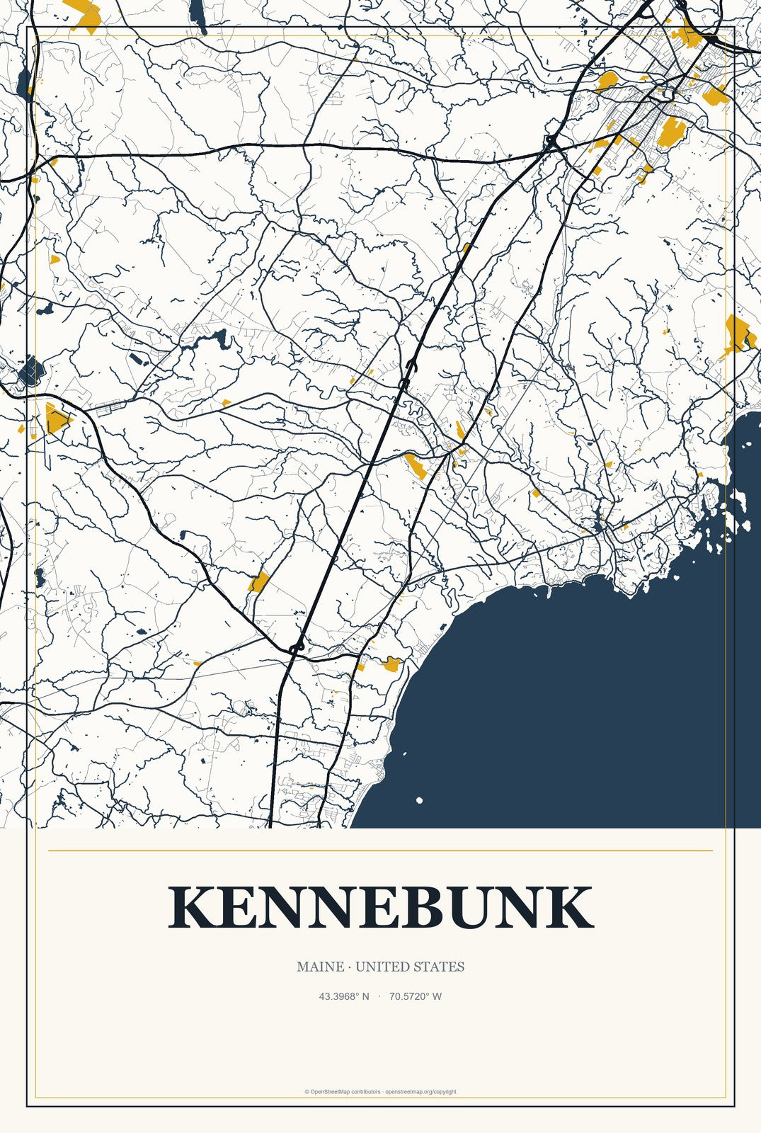 Kennebunk, Maine City Map Aluminum Sign in Citrine Modern style