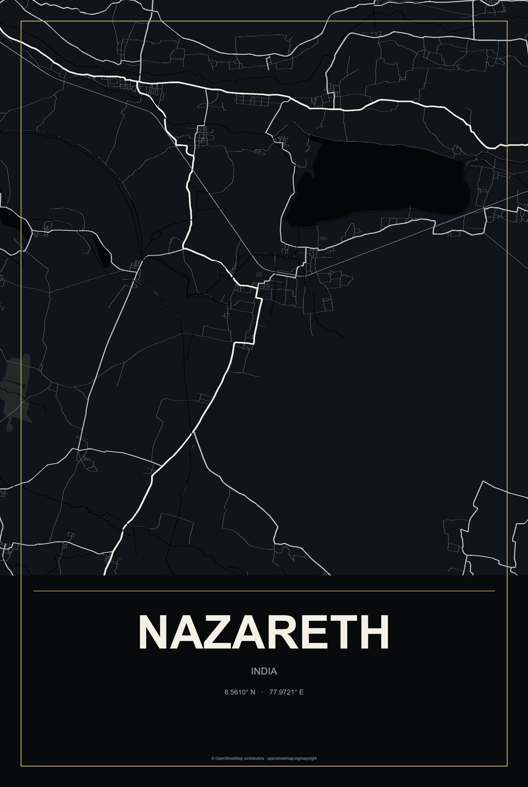 Nazareth, India City Map Aluminum Sign in Metropolitan Noir style
