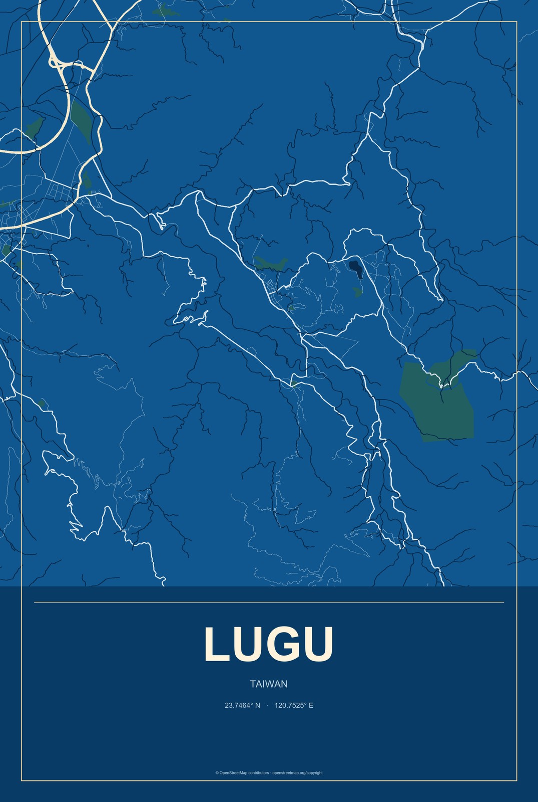 Lugu, Taiwan City Map Aluminum Sign in Harbor Cobalt style