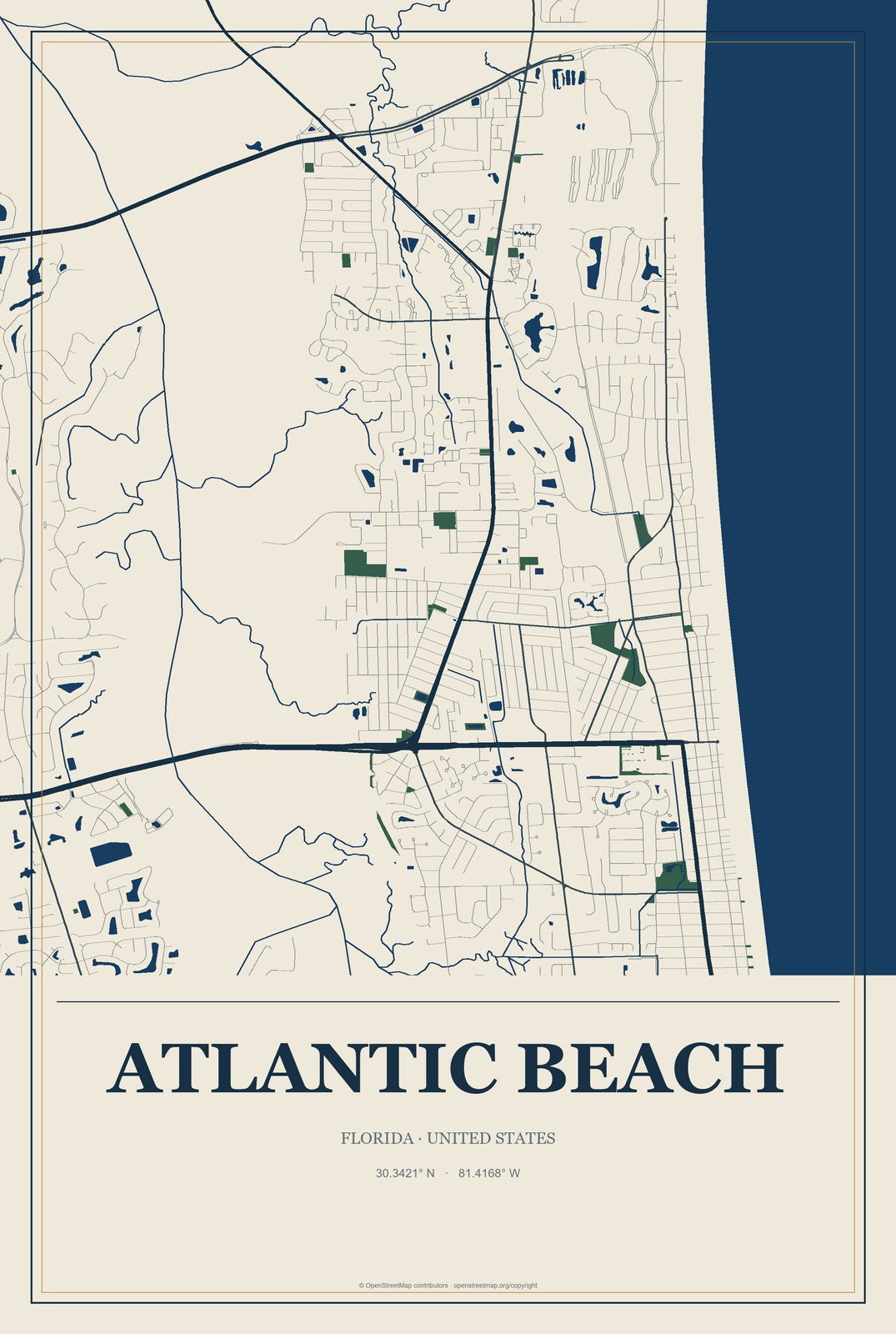 Atlantic Beach, Florida City Map Aluminum Sign in Coastal Cutout style