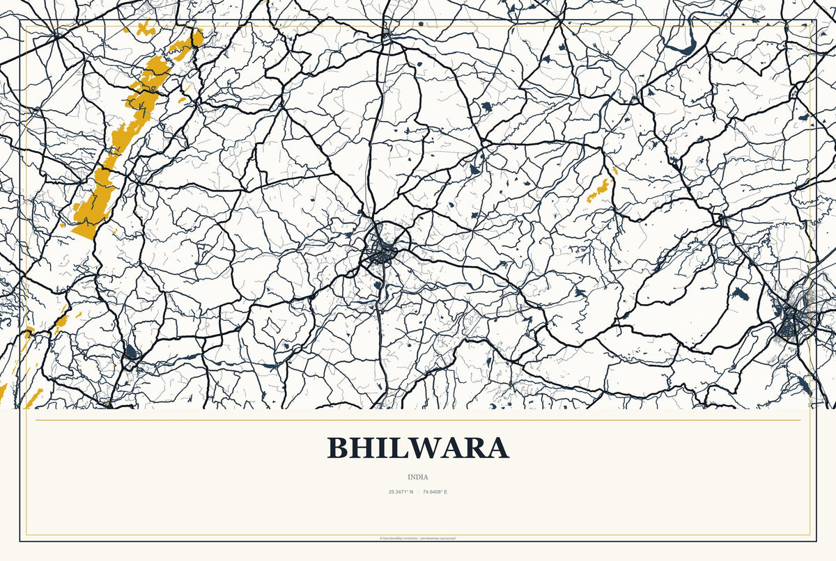 Bhilwara, India City Map Aluminum Sign in Citrine Modern style