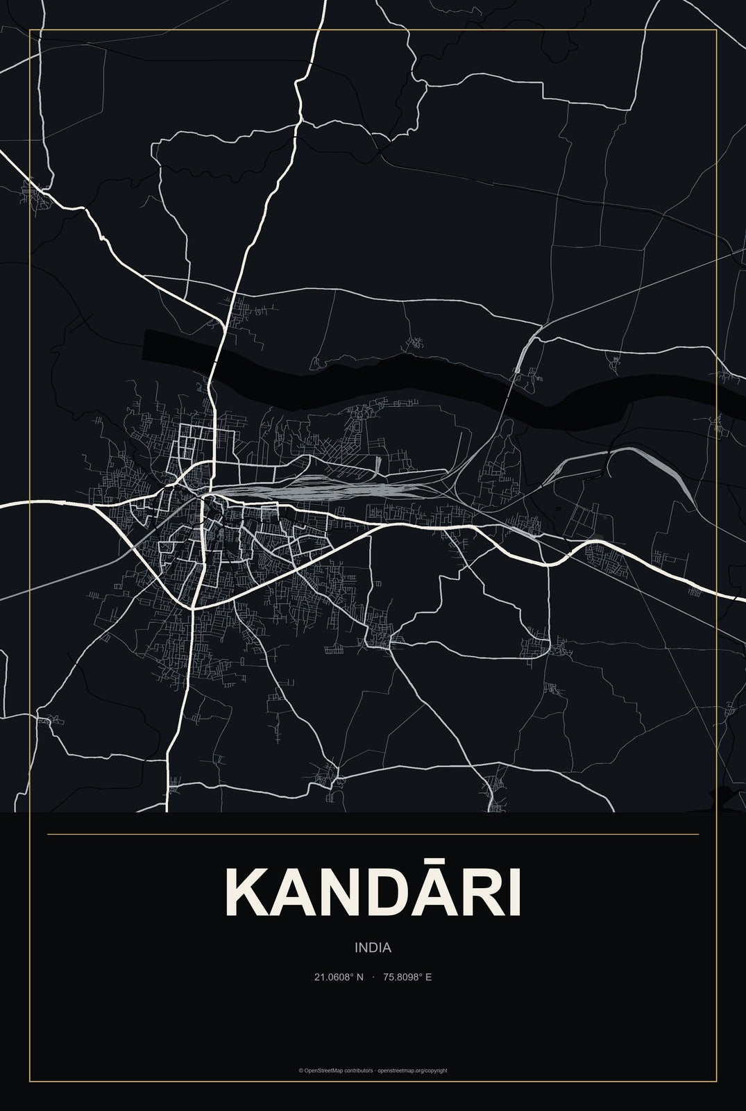 Kandāri, India City Map Aluminum Sign in Metropolitan Noir style