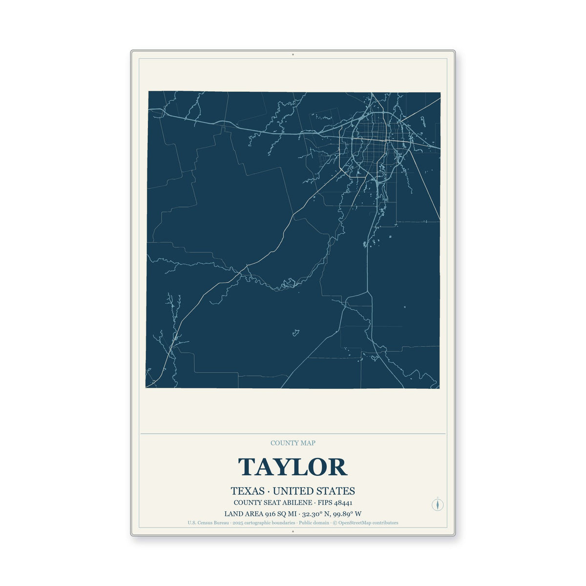 Taylor County, Texas Map Aluminum Sign in Coastal Cutout style