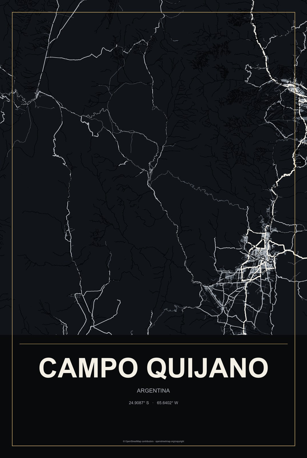 Campo Quijano, Argentina City Map Aluminum Sign in Metropolitan Noir style