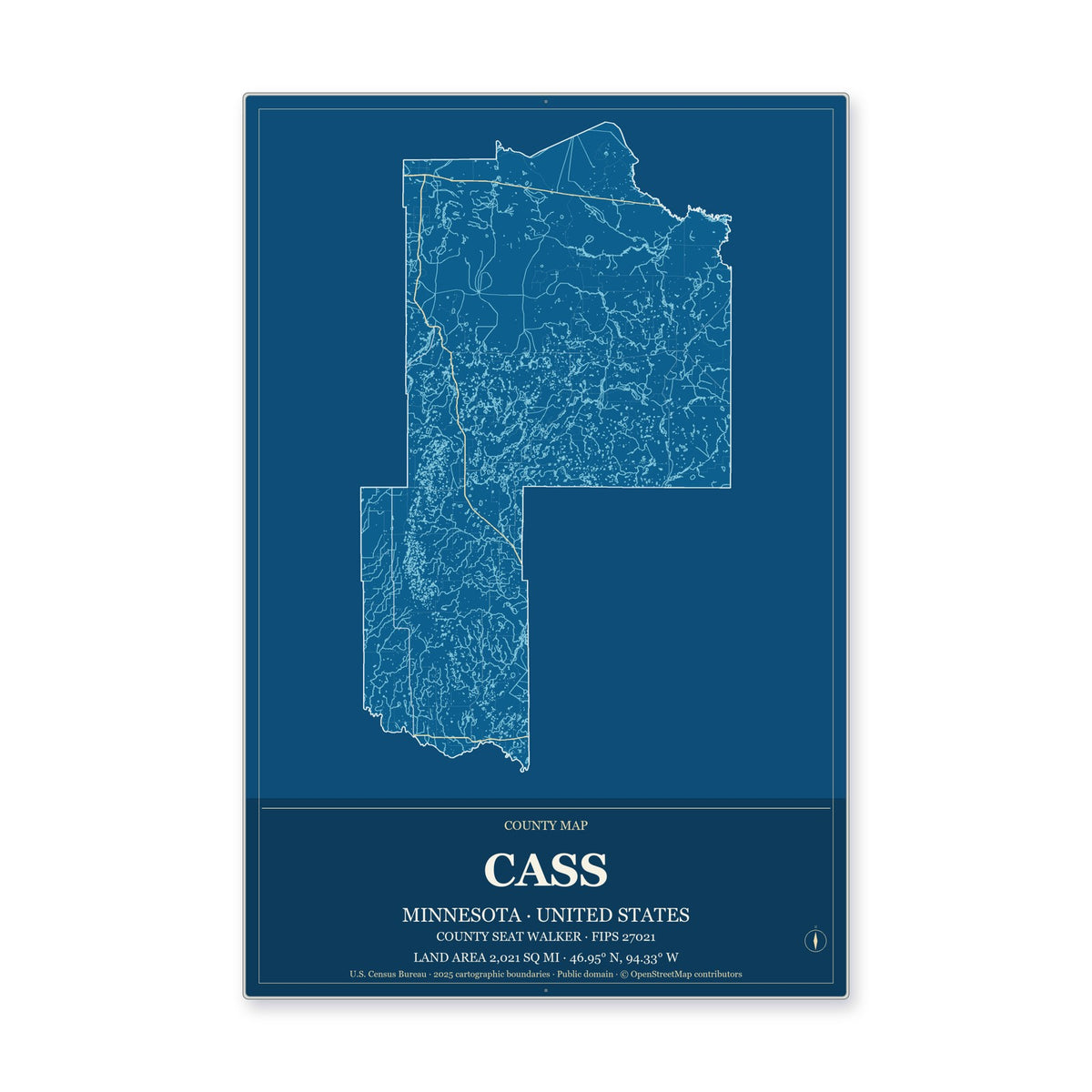 Cass County, Minnesota Map Aluminum Sign in Harbor Cobalt style