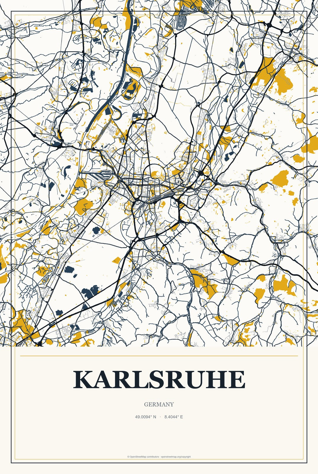 Karlsruhe, Germany City Map Aluminum Sign in Citrine Modern style