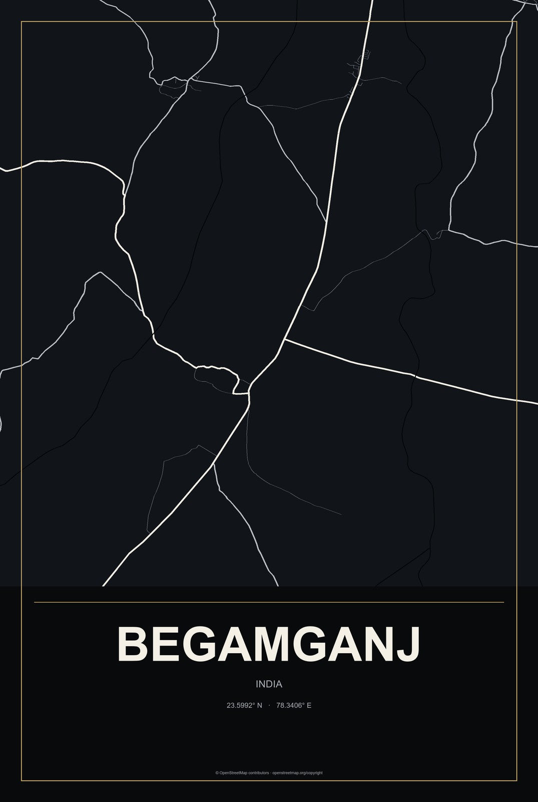 Begamganj, India City Map Aluminum Sign in Metropolitan Noir style