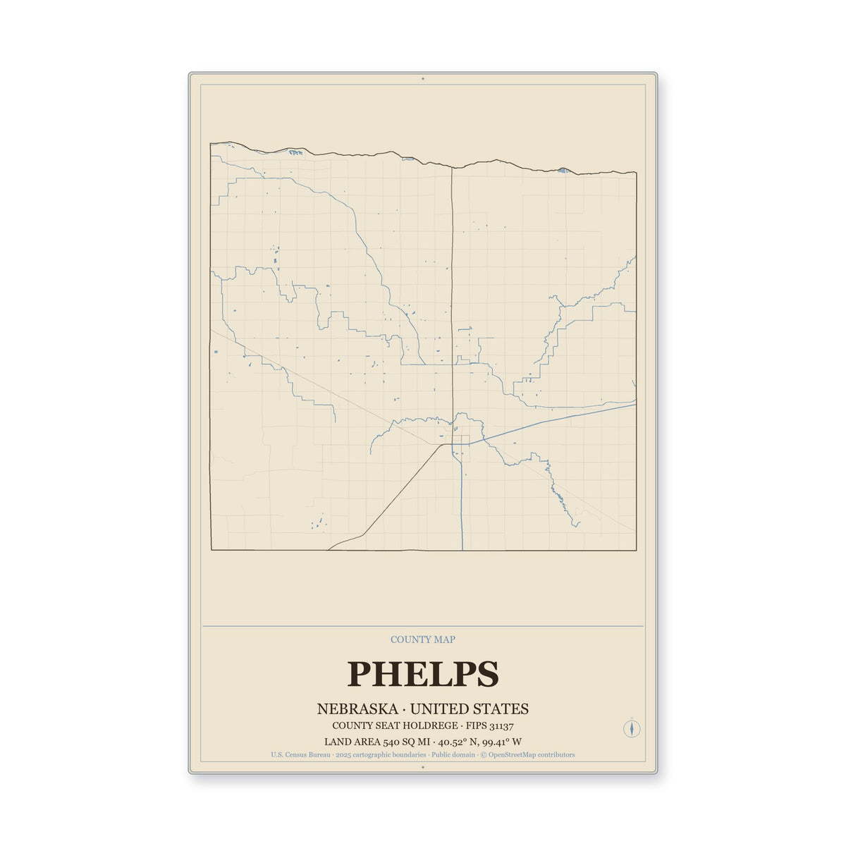 Phelps County, Nebraska Map Aluminum Sign in Heritage Nautical style