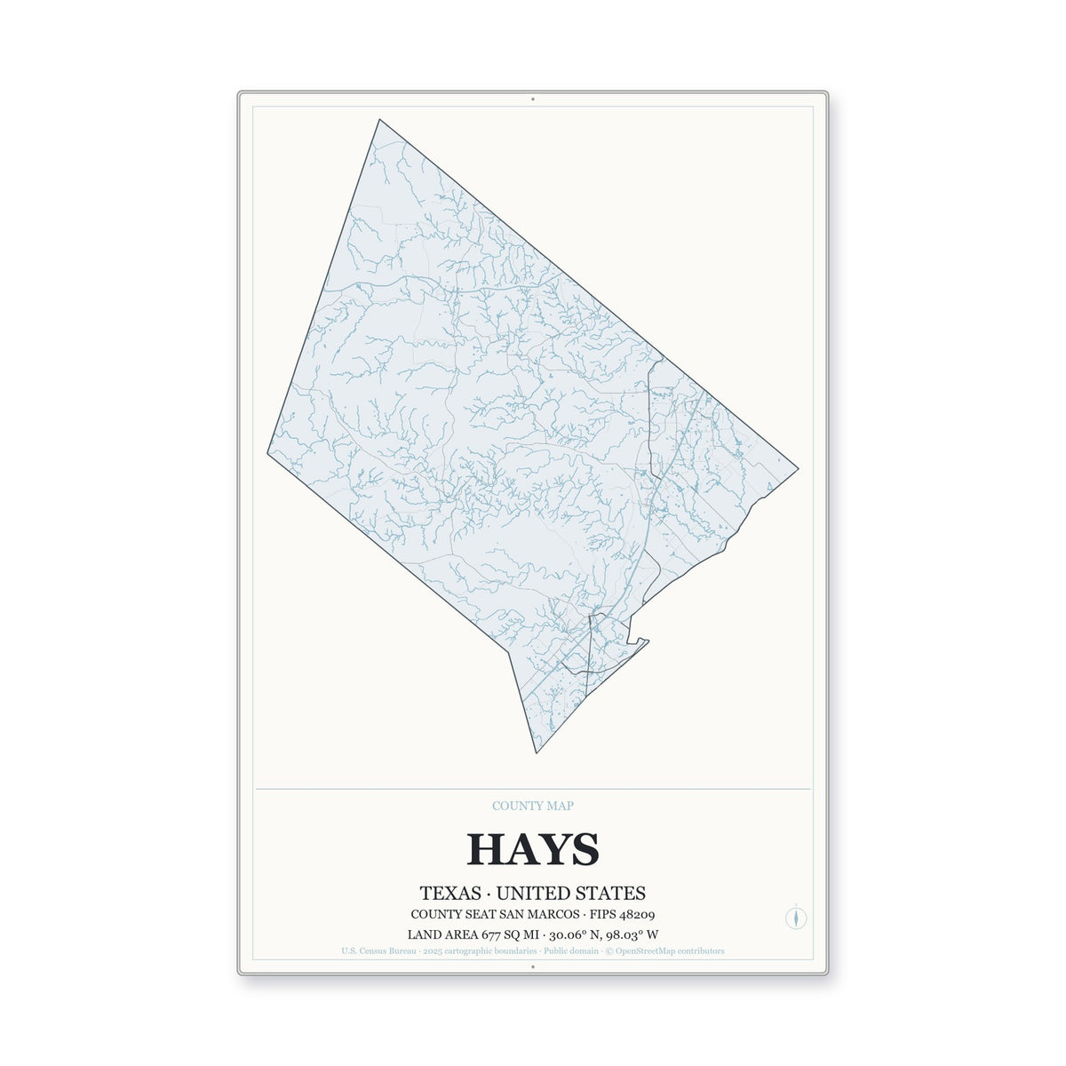 Hays County, Texas Map Aluminum Sign in Gallery Air style