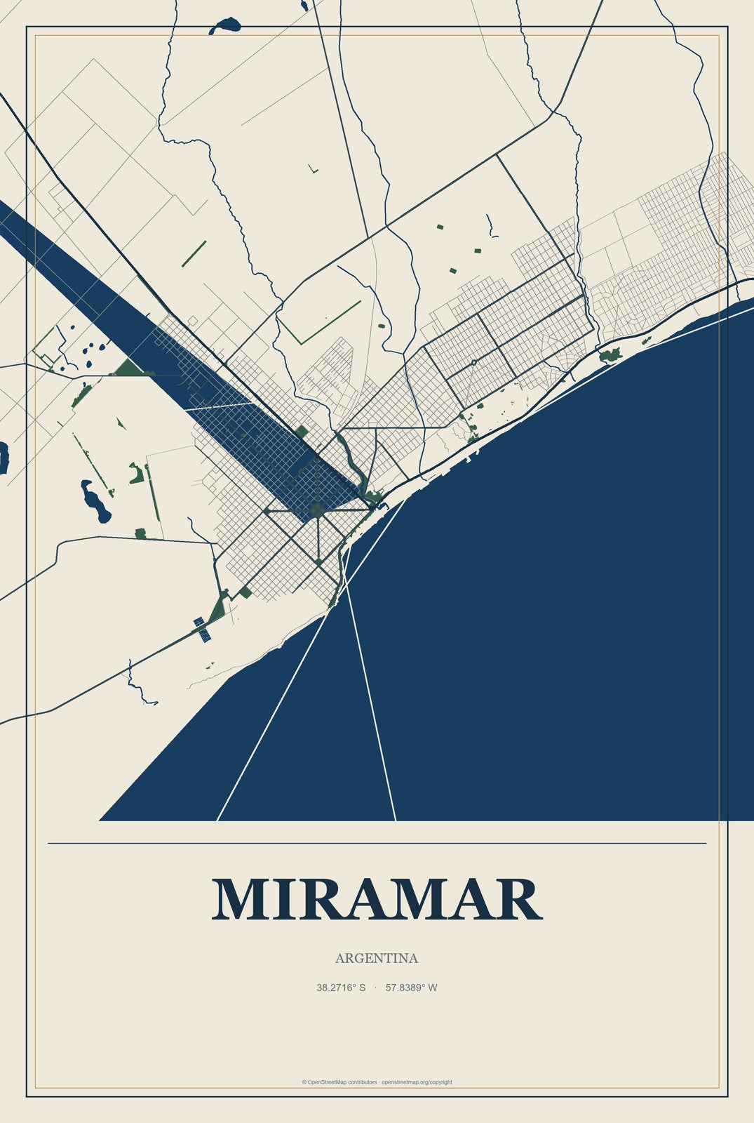 Miramar, Argentina City Map Aluminum Sign in Coastal Cutout style