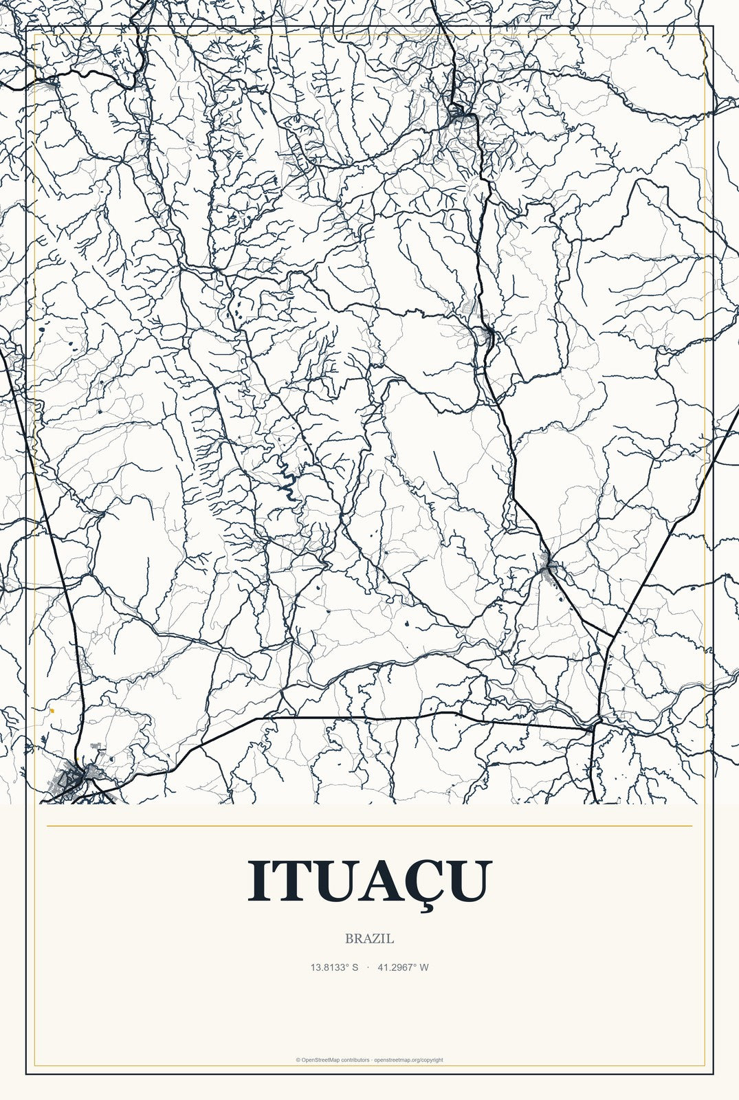 Ituaçu, Brazil City Map Aluminum Sign in Citrine Modern style