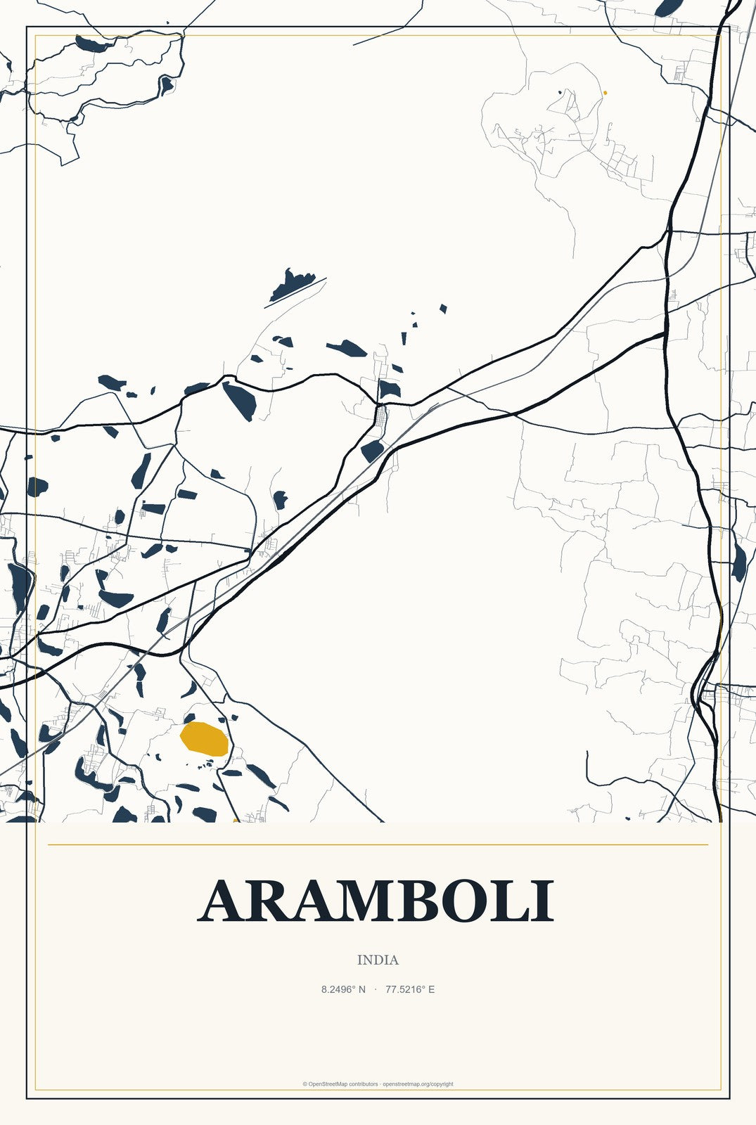 Aramboli, India City Map Aluminum Sign in Citrine Modern style