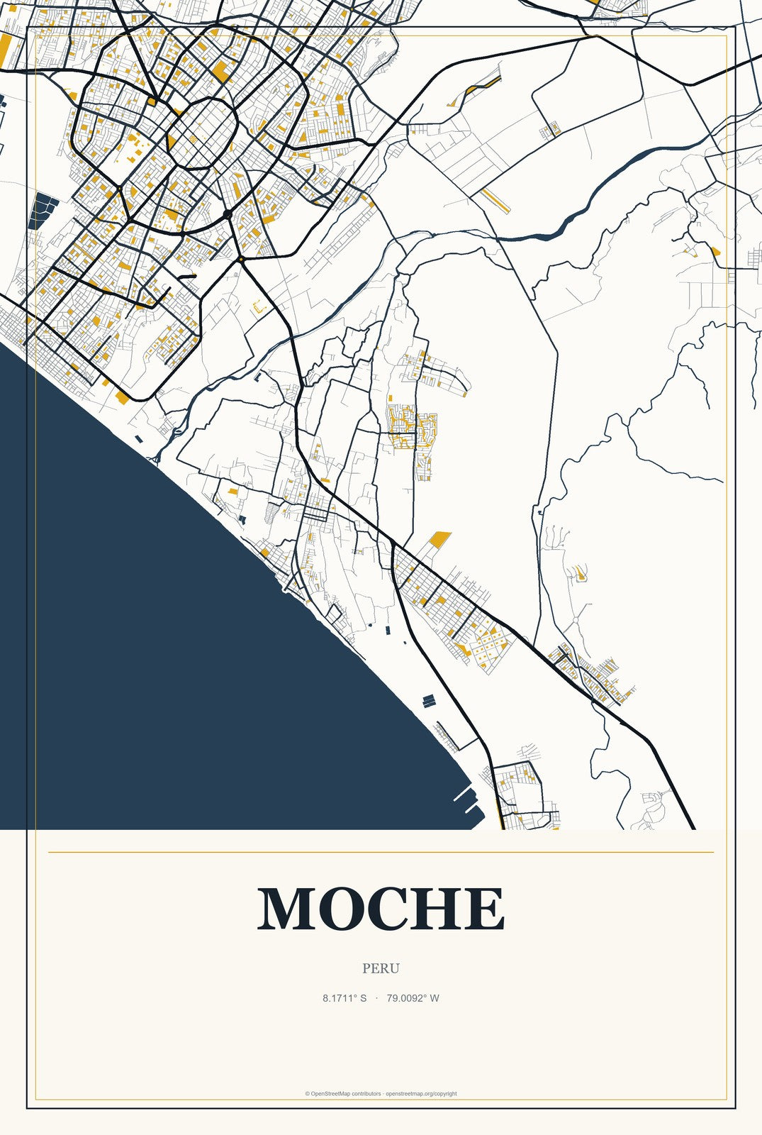 Moche, Peru City Map Aluminum Sign in Citrine Modern style