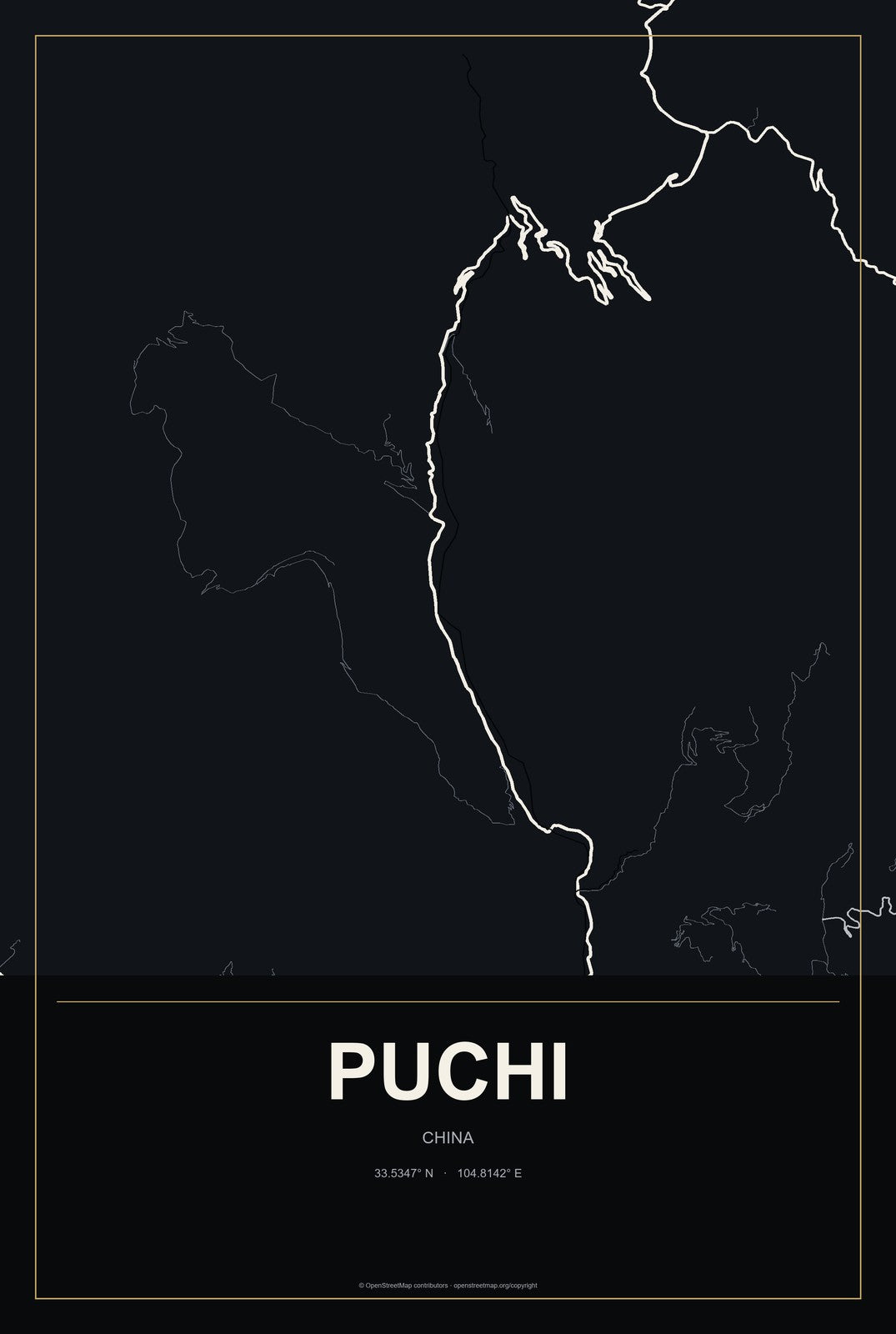 Puchi, China City Map Aluminum Sign in Metropolitan Noir style