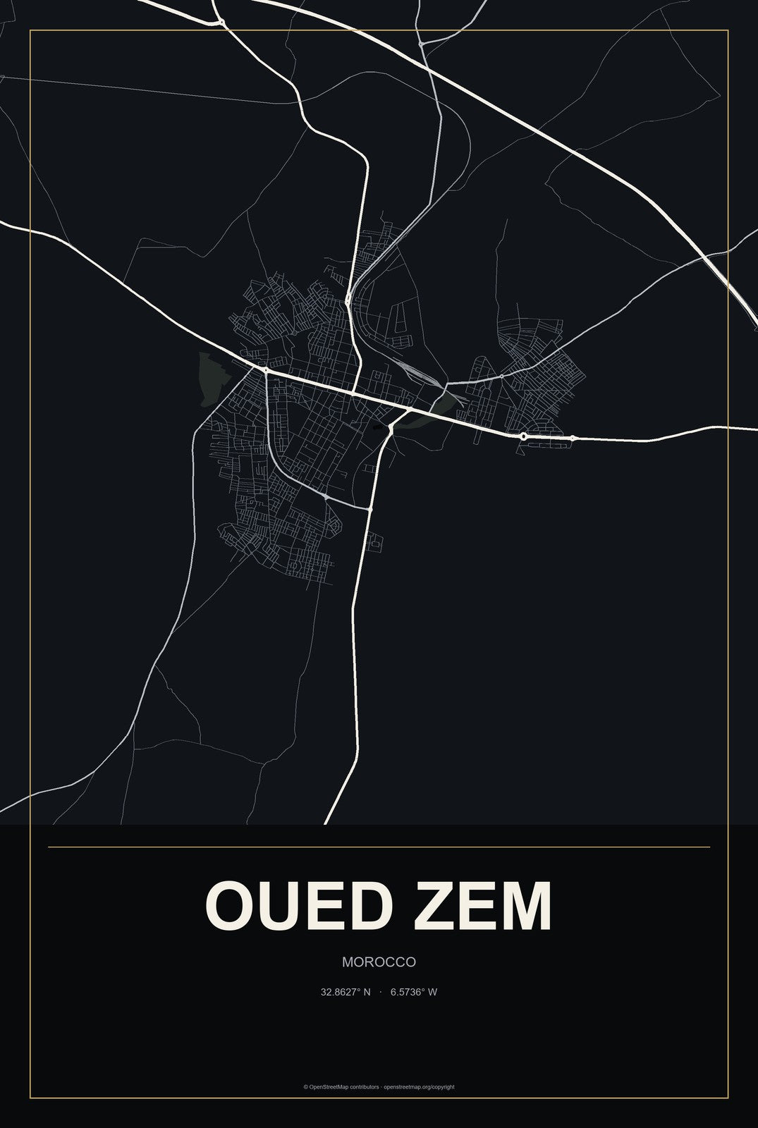 Oued Zem, Morocco City Map Aluminum Sign in Metropolitan Noir style